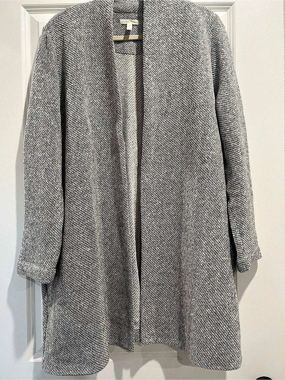 Eileen Fisher Herringbone Gray Organic Cotton Open Front Cardigan XL Like New
